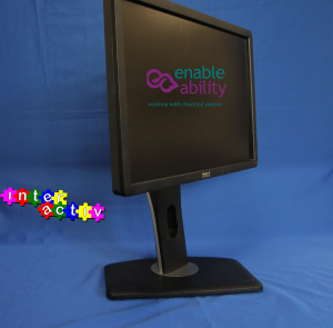 Image of Dell 19inch model number P1913b, with the screen tilted 45 degree angle, with the stand facing front.