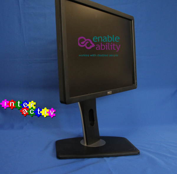 Image of Dell 19inch model number P1913b, with the screen tilted 45 degree angle, with the stand facing front.